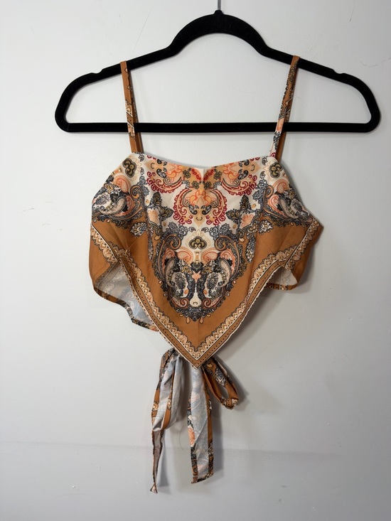 SHEIN Tops - SHEIN Paisley Satin Tie-Front Camisole in Camel and Cream